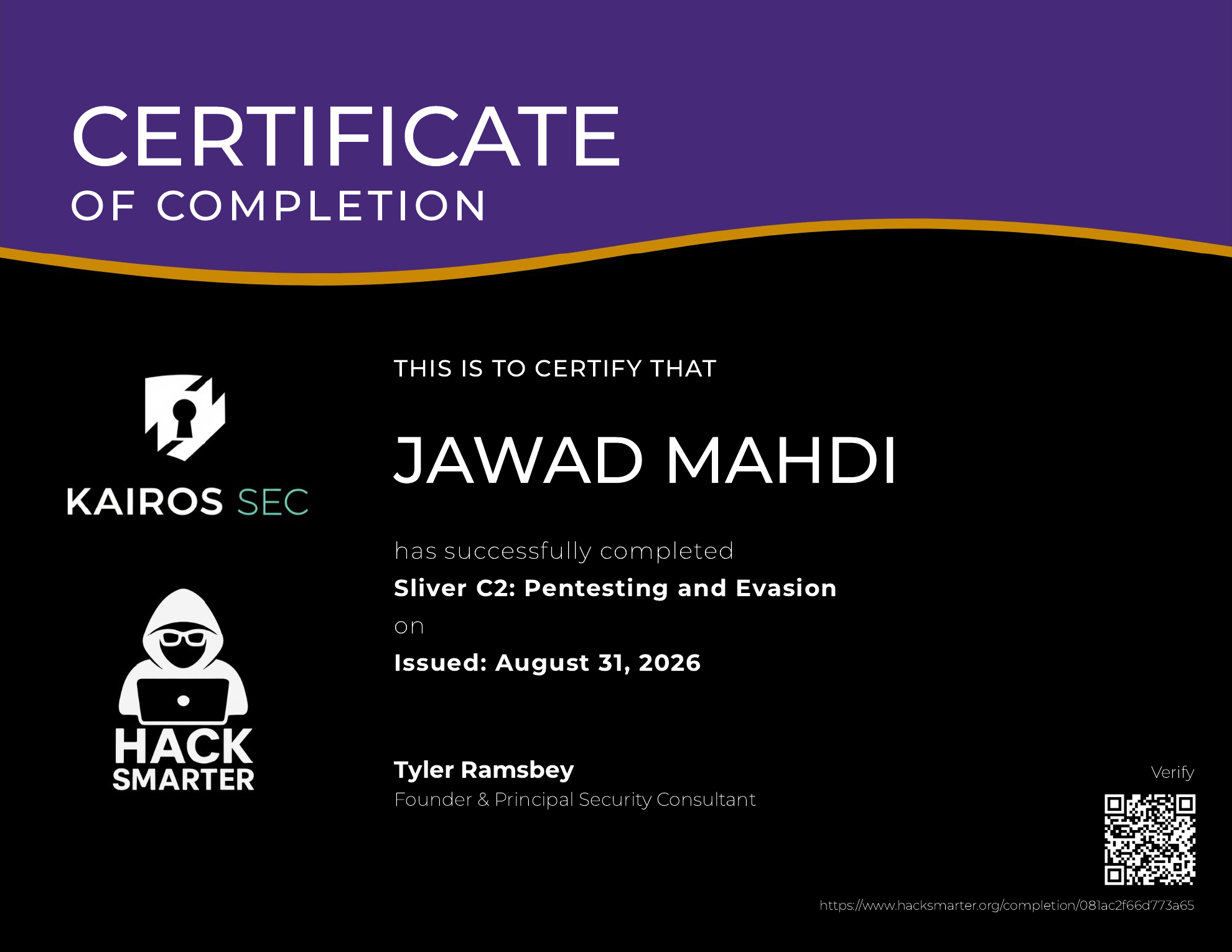 Sliver C2 Pentesting and Evasion certificate issued to Jawad Mahdi by Hack Smarter and Kairos Sec